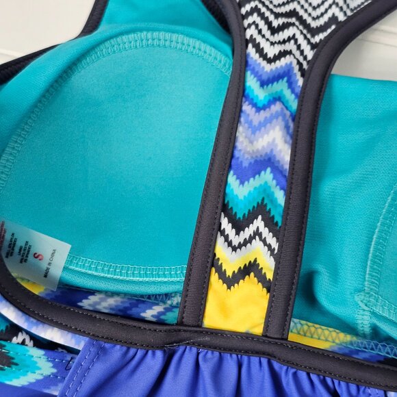 Women's Blue Layered Multicolor Striped Boy Short Racerback Tankini Set Size S - Picture 10 of 14